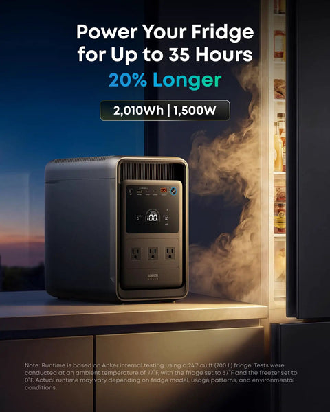 1500W Portable Power Station With 2010Wh LFP Battery for home use keeping your fridge running 35 hours, product shown next to open fridge.
