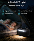 Beast 192Wh Portable Power Station with 300W Solar Generator illuminating tent with LED light for camping
