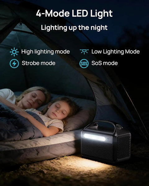 Beast 192Wh Portable Power Station with 300W Solar Generator illuminating tent with LED light for camping