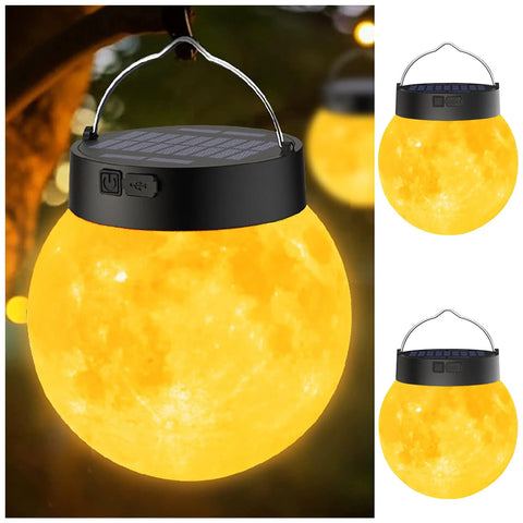 Lit 3D Moon Globe Solar Garden Lights 2 Pack With Warm White LEDs Waterproof Outdoor Decor hanging on tree at night