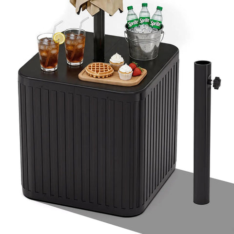 2-In-1 Umbrella Base And Side Table For Outdoor Patio, 16.54 Inch, Fillable 15 Gal base with drinks and snacks on top