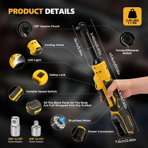 Diagram showing Upgraded Brushless Three Eighths Inch Cordless Ratchet Wrench With Sixty Foot Pounds Of Torque Variable Speed And LED Light