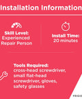 Installation details for Detergent And Rinse Aid Dispenser For Dishwashers Gray Replacement Part, showing required tools and time.