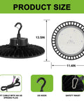 Product size diagram of 150W LED High Bay Light 5000K For Warehouses And Workshops, Dimmable 1-10V, US Plug And Hook Mount