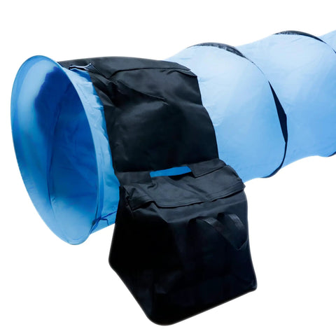 Saddlebag Style Sandbag for Dog Agility Tunnel, Heavy Duty PVC, attached to a blue tunnel, 66 Inch Long Adjustable Velcro Sides, Black.