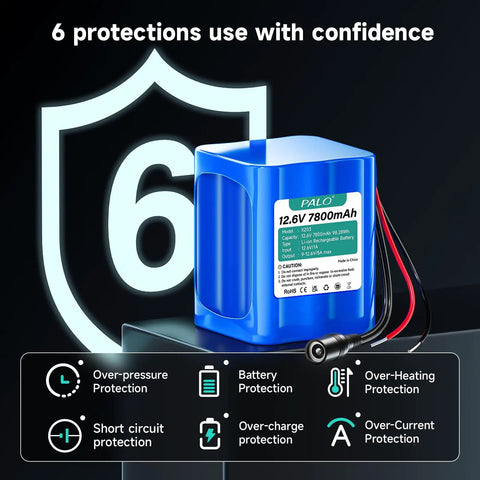 12V Rechargeable Lithium Battery 7800mAh With Charger And Bare Leads For RC Car RC Boat RC Plane LED Light Strip CCTV Camera Solar And Wind Energy DIY Projects And More showing protection features.