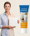 Hardcore Grout Repair Sealant For Shower And Bathtub Fast Drying Tile Caulk held by a woman with tile samples.