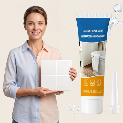 Hardcore Grout Repair Sealant For Shower And Bathtub Fast Drying Tile Caulk held by a woman with tile samples.
