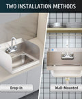 Commercial Hand Sink With Gooseneck Faucet 304 Stainless Steel Wall Mount Utility Sink NSF Certified, two installation methods