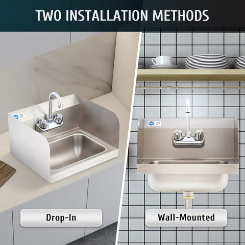 Commercial Hand Sink With Gooseneck Faucet 304 Stainless Steel Wall Mount Utility Sink NSF Certified, two installation methods