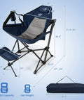 Detachable And Retractable Footrest Hammock Camping Chair With Cozy Head Pillow showing dimensions, lightweight frame, and carry bag.