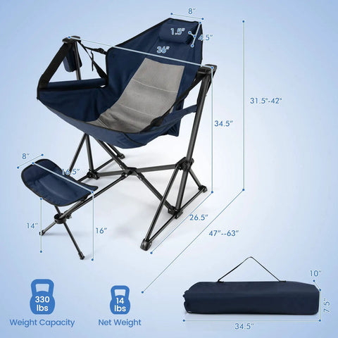 Detachable And Retractable Footrest Hammock Camping Chair With Cozy Head Pillow showing dimensions, lightweight frame, and carry bag.