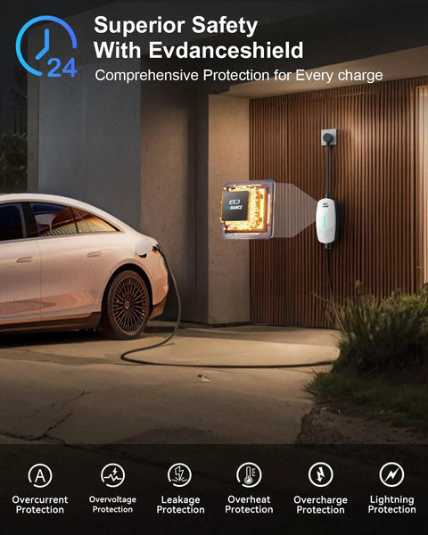 Plug And Go Portable Level 1 And 2 EV Charger With 25 Foot Cord J1772 Connector charging a vehicle in a modern garage.