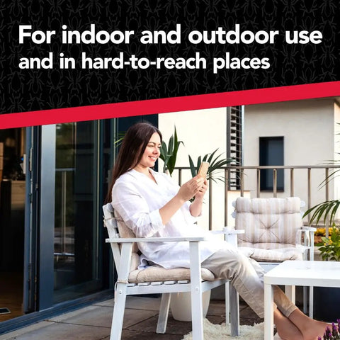Woman on patio using Perimeter Protection Refill For Indoor And Outdoor Use Up To 18 Months Of Protection 1 Gallon With Auto Trigger Hose Dip Tube