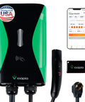 Sapphire Pro Level 2 EV Charger 240V 48A Hardwired Or 40A NEMA Plug with app interface, plug, and badge, front view.