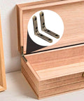 Heavy Duty 90 Degree Small Hinge Set For Wooden Boxes And Miniature Furniture Craft Projects Jewelry Cases Cabinets And Drawers Includes 20 Sets With Screws For Easy Installation installed on wooden box, close-up view