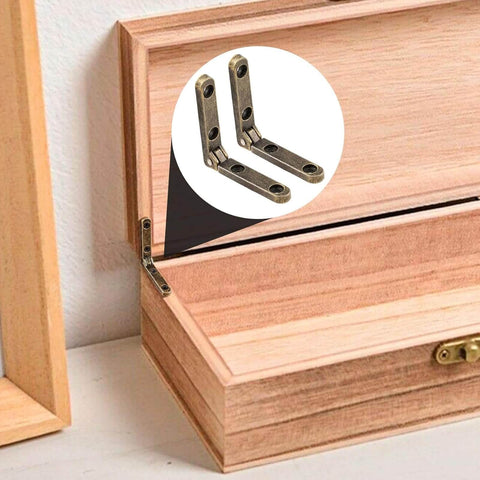 Heavy Duty 90 Degree Small Hinge Set For Wooden Boxes And Miniature Furniture Craft Projects Jewelry Cases Cabinets And Drawers Includes 20 Sets With Screws For Easy Installation installed on wooden box, close-up view