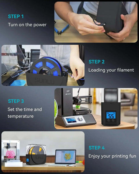 Filament Dryer Box For 3D Printers With Built In Fan Dehydrator And Storage Keeps 1.75mm 2.85mm And 3.00mm PLA PETG ABS Filaments Dry During Printing Fast Dry Reducing Stringing Clogs And Build Failures Black in use, step-by-step process.