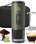 3 In 1 Portable Espresso Maker With Carrying Bag And Stand, Self Heating Coffee Brewer For Ground Coffee Or Capsule Pods, USB C Travel Mini Espresso Machine For Hiking, Office, And On The Go with accessories and coffee cup