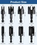 8 Piece Wood Plug Cutter Set Black Oxide Carbon Steel sizes 1/4, 3/8, 1/2, 5/8 inch for furniture cabinetry and trim.