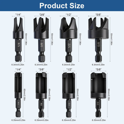 8 Piece Wood Plug Cutter Set Black Oxide Carbon Steel sizes 1/4, 3/8, 1/2, 5/8 inch for furniture cabinetry and trim.
