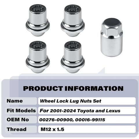 Image showing Four Piece M12 X 1.5 Wheel Lock Lug Nuts Set With One Key, OEM part 00276-00900, for Toyota and Lexus vehicles.