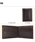 Premium Full Grain Leather Slim Bifold Wallet For Men In Rich Oil Tan Brown sizing image showing dimensions of 8" wide open and 4" folded.