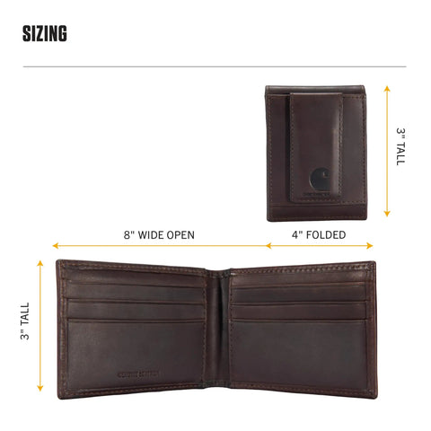 Premium Full Grain Leather Slim Bifold Wallet For Men In Rich Oil Tan Brown sizing image showing dimensions of 8" wide open and 4" folded.