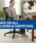 Person sitting on chair with round reusable furniture caster cups for couches chairs and tables on carpet or hard floors with vinyl base