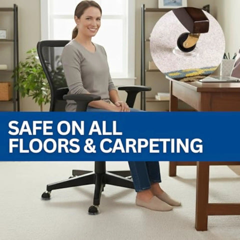 Person sitting on chair with round reusable furniture caster cups for couches chairs and tables on carpet or hard floors with vinyl base