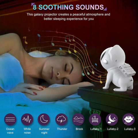 Woman sleeping with Dope Galaxy Night Light Projector With 6 In 1 Space Theme 21 Color Modes Bluetooth Speaker White Noise Dual Control
