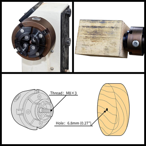 SIIIXS 4-Inch Wood Lathe Chuck Set with 1x8 TPI thread and 3/4x16 adapter, self-centering 4-jaw, front view