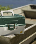 3-Tray Tackle Box With Dual Top Access Dark Green Metallic And Off White Premium Tackle Storage For Anglers on boat