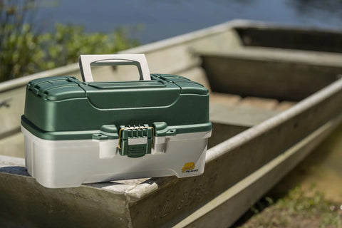 3-Tray Tackle Box With Dual Top Access Dark Green Metallic And Off White Premium Tackle Storage For Anglers on boat