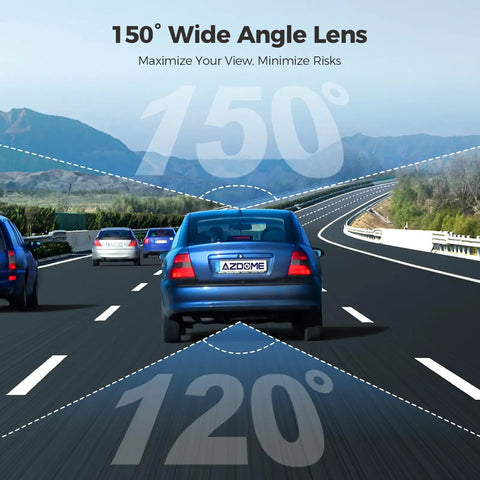 Car view showcasing dual dash cam with 150° front and 120° rear wide angle lens for Dual Dash Cam Front And Rear With Free 64GB Card 3 Inch Screen Car Cam For Your Ride 1080P Front 720P Rear 150 Degree Front Lens And 120 Degree Rear Built In ADAS G Sensor 24 Hour Parking Mode