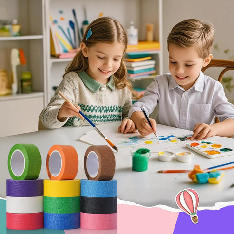 Children painting with Rainbow Masking Tape Set With Twelve Rolls Of Colorful Painter Tape One Inch By Seven Hundred Twenty Feet Each