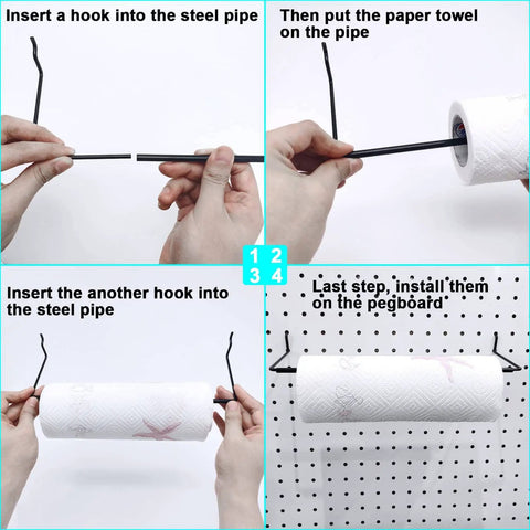Extendable Pegboard Paper Towel Holder for Workshop and Home assembled with steel hooks and a roll of paper towel on pegboard