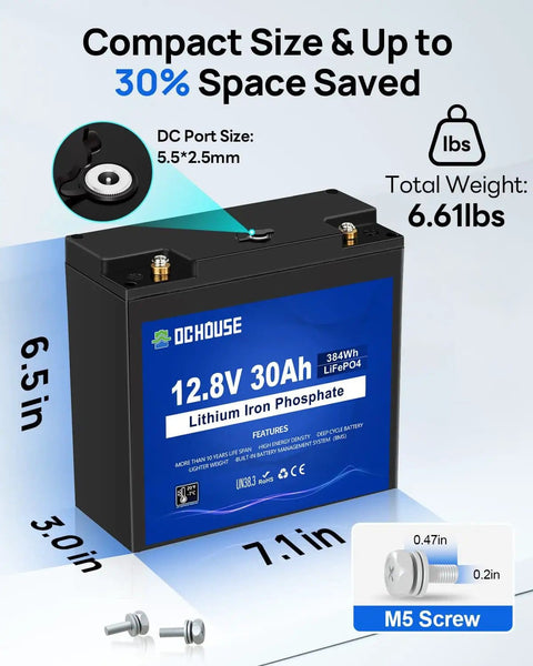 Image showing 12V 30Ah LiFePO4 Battery with DC Port and dimensions, highlighting compact size and lightweight design.