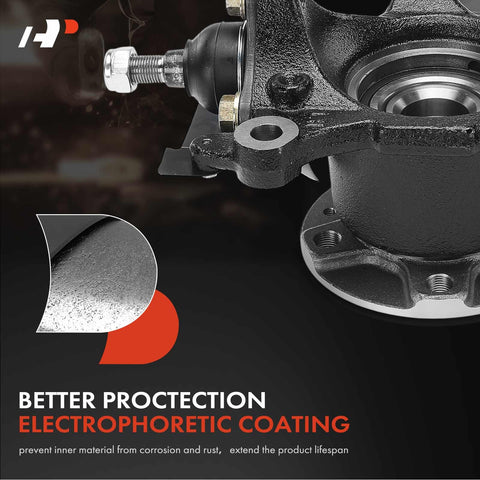 Close-up of Bolt On Front Left Steering Knuckle and Wheel Bearing Hub Assembly for Ram ProMaster with electrophoretic coating