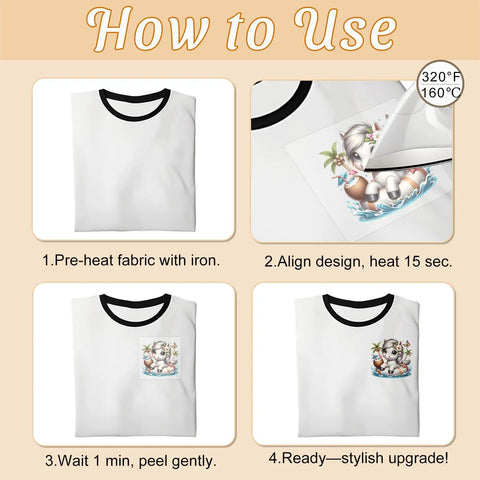 Beach Themed Iron On Transfers Bundle 36 Sheets Ready To Press DTF Vinyl Decals application steps on white T-shirt