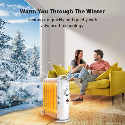 Couple enjoying warmth from 700W Portable Oil Radiator Heater For Small Rooms And Desks in cozy living room
