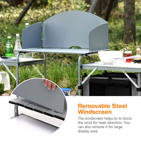 Folding Grill Table With 26 Inch Tabletop And Detachable Windscreen For Camping Kitchen Station Portable Aluminum Camp Cook Set With Carry Bag Easy Quick Setup For BBQ Picnic Backyard Grey