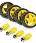 Dope Four Pack Motors With Leads 3 To 6V DC Gearbox Dual Shaft 90 To 200 RPM 1 To 48 Gear Ratio Wheel Kit shown with yellow wheels.
