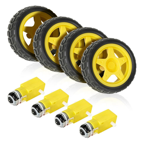 Dope Four Pack Motors With Leads 3 To 6V DC Gearbox Dual Shaft 90 To 200 RPM 1 To 48 Gear Ratio Wheel Kit shown with yellow wheels.