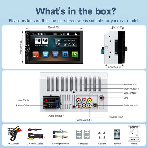 What's in the box for 7 Inch Double Din Car Stereo With Touchscreen Backup Camera Bluetooth Hands Free Calling Mirror Link FM MP3 MP4 USB Aux Input Subwoofer Ready High Definition Multimedia Receiver For Car Audio.