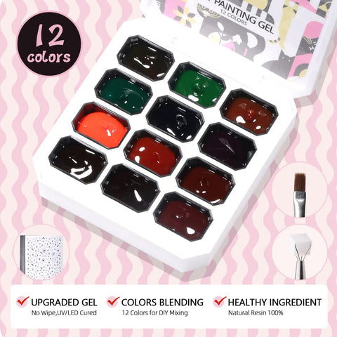 Patting Gel Palette With 12 Jelly Gel Colors Each Nail Art Kit Including decorative box with 12 gel colors visible