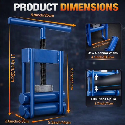 Blue Pipe Squeeze Off Tool dimensions for 1/2 to 2.5 inch PE PPR PP pipes, showing jaw and fit measurements with tool details.