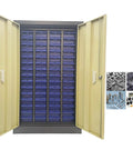 Open 60-Drawer Bolt And Nut Storage Cabinet For Workshop with visible doors, steel construction, showing organized tool parts