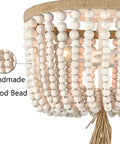 Beige Wood Bead Farmhouse Ceiling Light Three Light Flush Mount Chandelier with hand rope knot bead curtain detail view