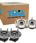 Drop In Front And Rear Wheel Bearing And Hub Assembly Set For 2013 Through 2021 Mazda CX 5 AWD And 2022 CX 5 With Two Front And Two Rear Units For A Premium Direct Fit Replacement And Easy Do It Yourself Install, packaging and hub pieces displayed.